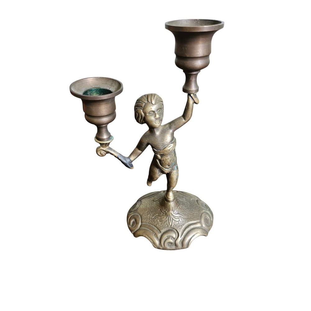 San Pacific Brass Cherub Candle Holder OS Bronze Vintage Double Candelabra